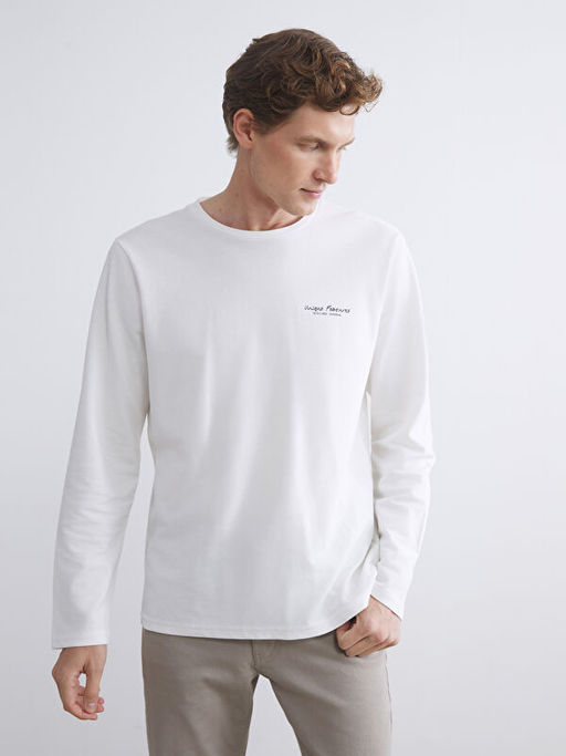 Bisiklet Yaka Uzun Kollu Bask?l? Penye Erkek Ti??rt