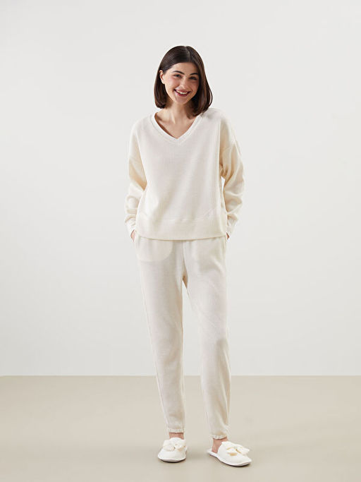V Yaka Kendinden Desenli Oversize Kad?n Pijama ?st?