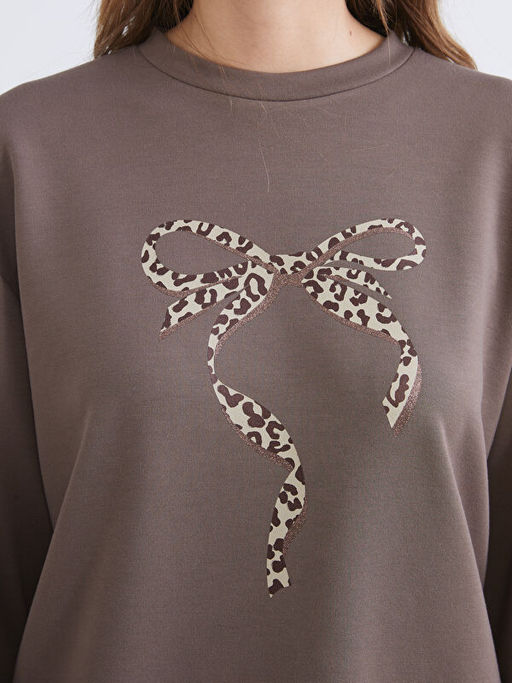 Bisiklet Yaka Bask?l? Oversize Kad?n Sweatshirt