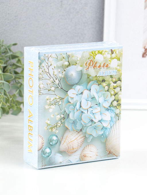Фотоальбом на 40 фото 10х15 см "Голубая гортензия и ракушки" в коробке 4,5х14х17 см