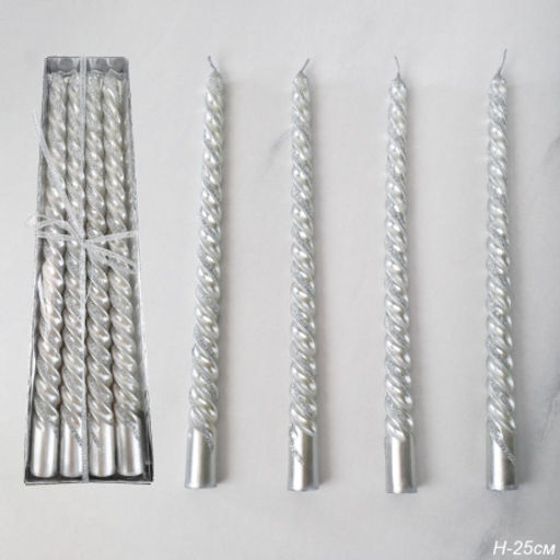 Свеча стержень 4 штуки 25 см витая / A-503 /уп 144/ серебрянная