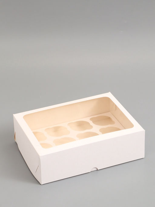 Коробка под 12 капкейков с окном, белая 32.5×25.5×10 см, 5 шт.
