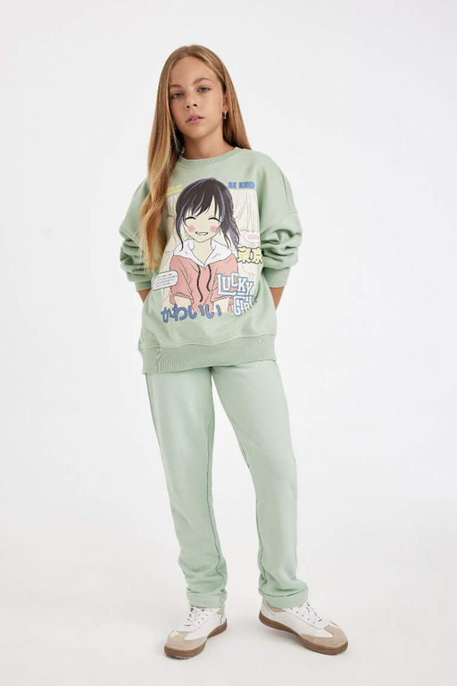 Толстовка оверсайз с широким кроем и круглым вырезом для девочек с принтом - Defacto фото 2