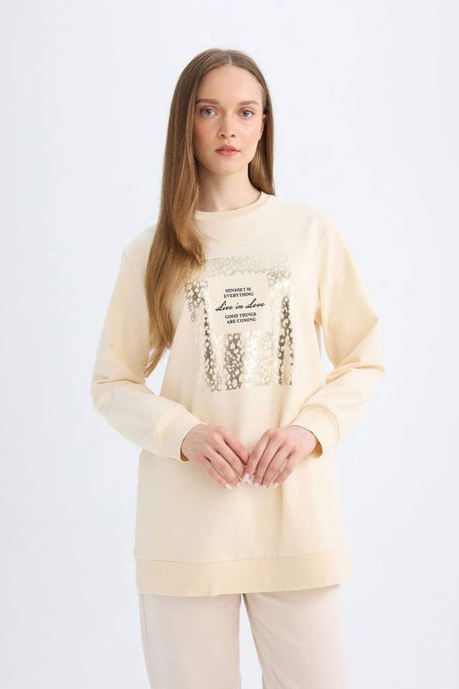 Толстовка-туника с принтом и круглым вырезом стандартного кроя - Defacto фото 3