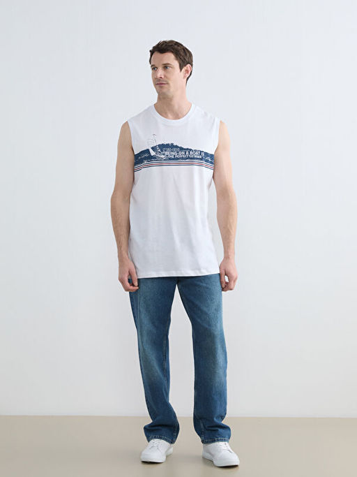 Bisiklet Yaka Bask?l? Erkek Kolsuz Ti??rt