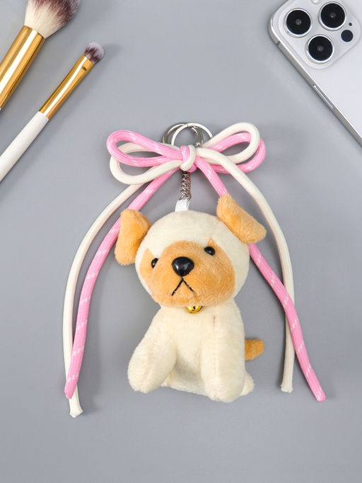 Брелок текстиль "Милый щенок с бело-розовым бантиком" бежевый 5х9,5х20 см