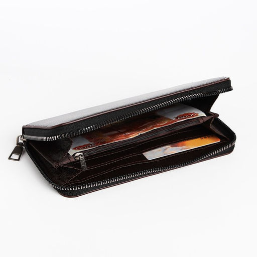 Портмоне мужское на молнии, отдел для купюр, для карт, для монет, тёмно-коричневое