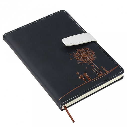 Ежедневник недатированный 14,2х21см "Одуванчик" 112 листов, в линейку, сшитый внутренний блок, с закладкой, обложка кожзам, отделочная строчка, тиснение золотом, цвет темно-синий, застежка на магните (Китай)