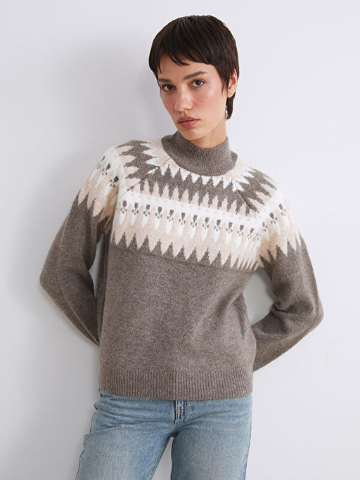 Yar?m Bal?k?? Yaka Desenli Kad?n Triko Kazak