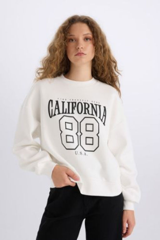 Loose Fit Bisiklet Yaka Bask?l? Kal?n Kumas Sweatshirt