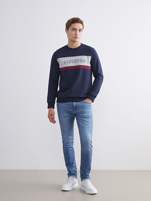 Bisiklet Yaka Uzun Kollu Bask?l? Erkek Sweatshirt