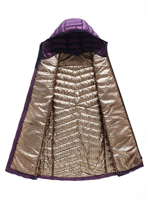 Куртка женская удлинённая стёганая с капюшоном и графеновой подкладкой фиолетового цвета 9628_1F