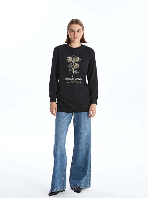 Bisiklet Yaka Bask?l? Kad?n Sweatshirt Tunik