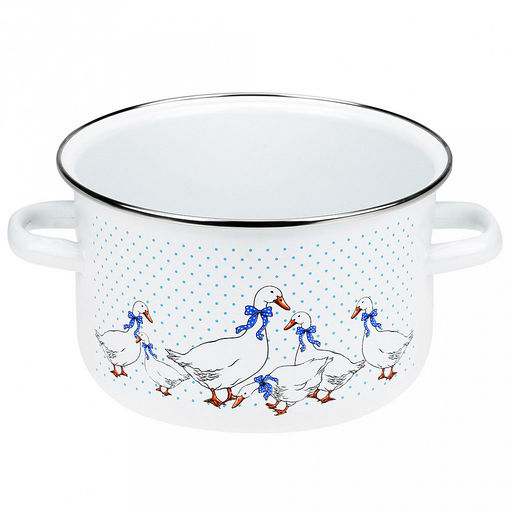 "Гуси" Кастрюля эмалированная 4л, д22см, h13см, цилиндрическая форма, металлическая крышка, белый (Россия)