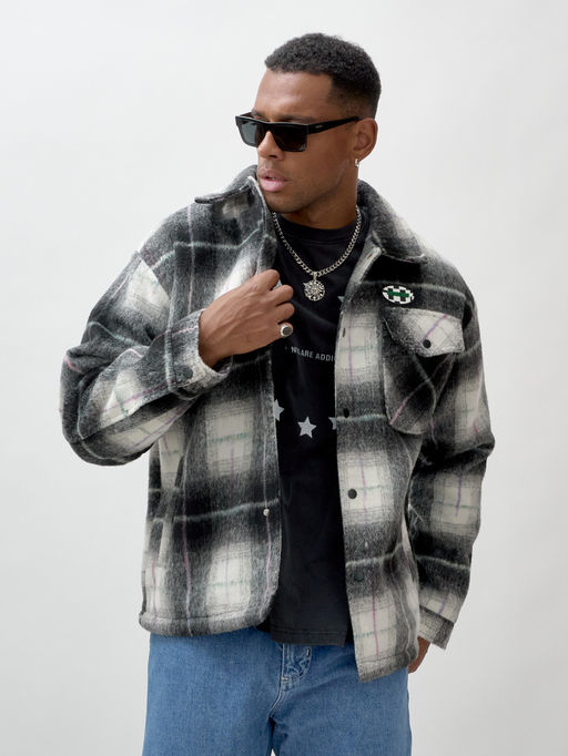 Куртка рубашка шерстяная в клетку мужская демисезонная темно-серого цвета 58592TC