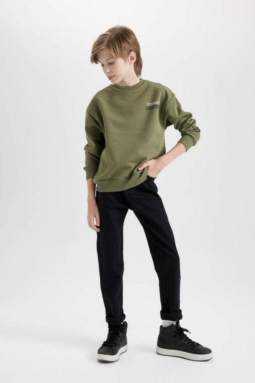 Зеленый свитшот оверсайз с широким кроем и круглым вырезом на спине для мальчика с принтом - Defacto фото 2