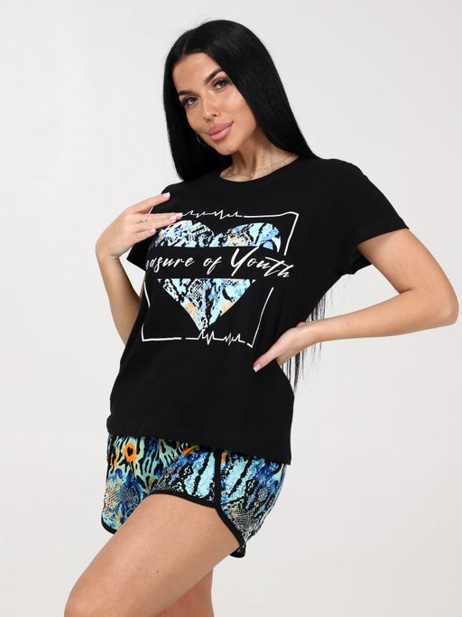 675 ПИЖАМА ЖЕНСКАЯ (шорты) (Чёрный/бирюза (змея)) - А-дина фото 4