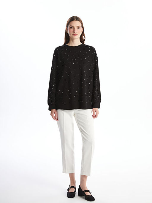 Bisiklet Yaka Parlak Ta?l? Oversize Kad?n Sweatshirt