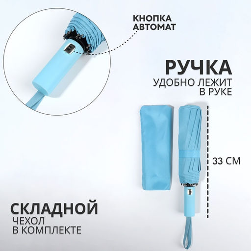Зонт автоматический «Однотон», 3 сложения, 10 спиц, R=51/58 см, d=102 см, голубой