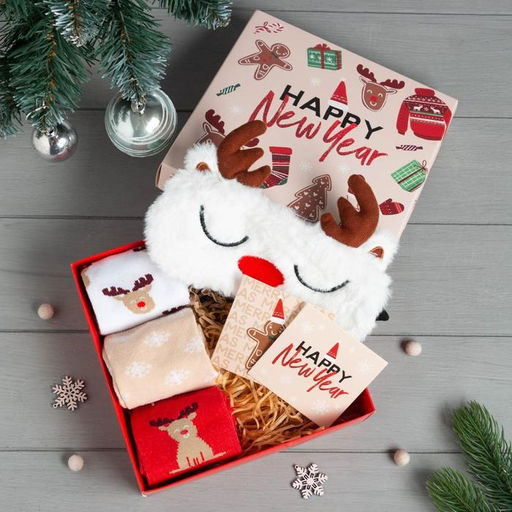 Набор новогодний подарочный KAFTAN Happy Year, носки размер 36-39 (23-25 см), маска для сна, открытка 2 шт.