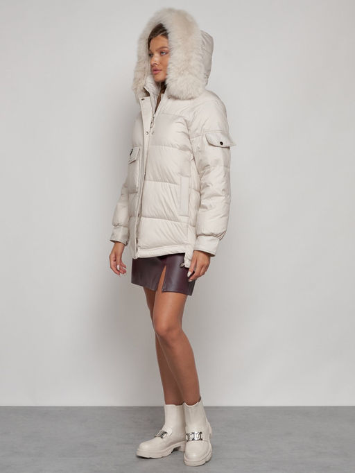Куртка зимняя женская модная с мехом бежевого цвета 13301B - Visdeer фото 7