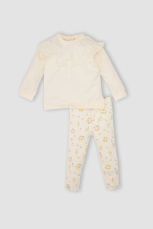 K?z Bebek 2li Tak?m Brodeli Bisiklet Yaka Sweatshirt Ust Esnek Belli Cicekli Alt