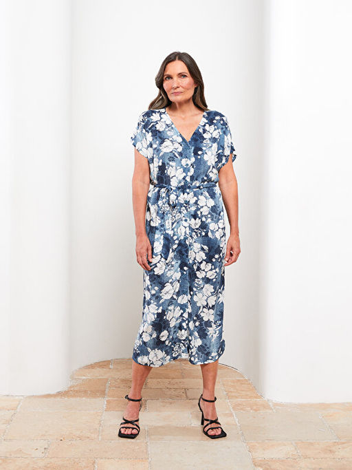 V Yaka ?i?ekli K?sa Kollu Poplin Elbise