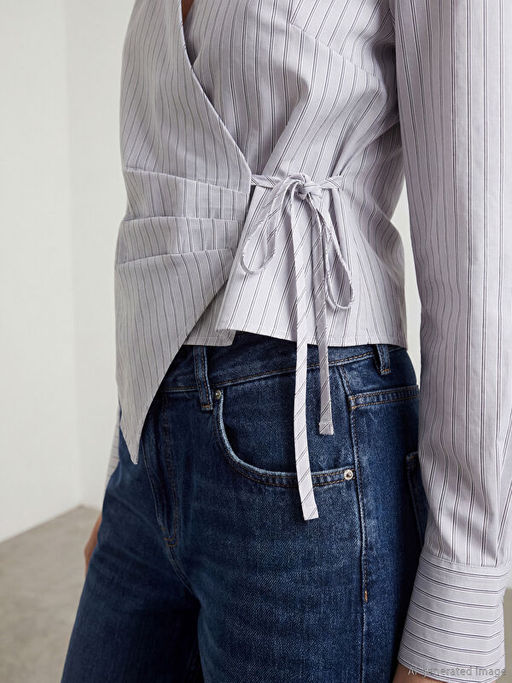 Kruvaze Yaka ?izgili Kad?n G?mlek