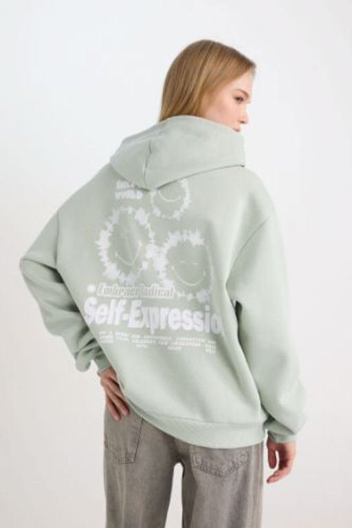 Coool SmileyWorld Oversize Genis Kal?p Kapusonlu S?rt Bask?l? Kal?n Sweatshirt