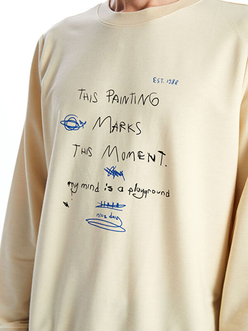 Bisiklet Yaka Uzun Kollu Bask?l? Erkek Sweatshirt