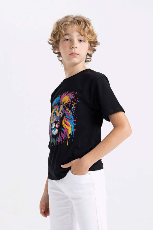 Футболка с короткими рукавами и круглым вырезом для мальчиков с принтом льва - Defacto фото 4