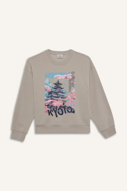 Relax Fit Bisiklet Yaka Bask_l_ Sweatshirt K_z _ocuk - Defacto фото 6