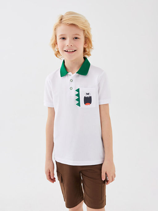 Polo Yaka Bask?l? K?sa Kollu Erkek ?ocuk Ti??rt - Waikiki фото 2