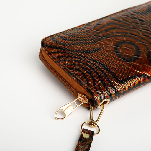 Кошелёк женский на молнии с ремешком, 19×2.5×9.5 см, с абстрактным принтом, коричневый