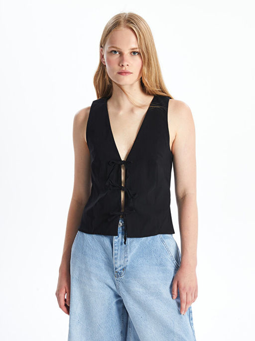 V Yaka D?z Poplin Kad?n Yelek