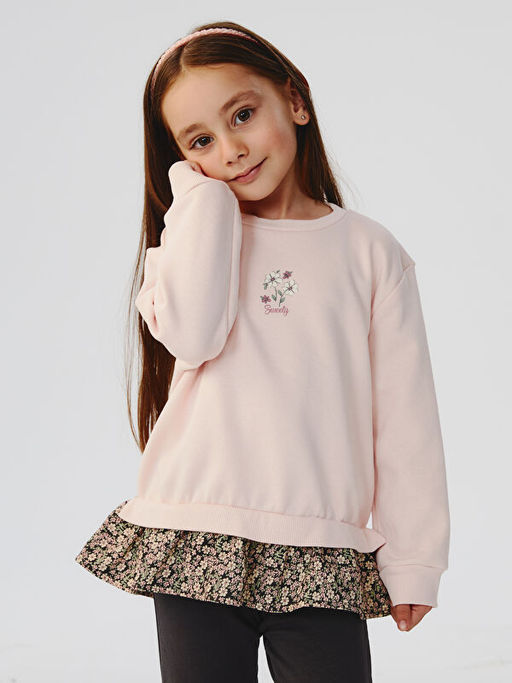 ?i?ek Nak??l? K?z ?ocuk Sweatshirt ve Pantolon 2li