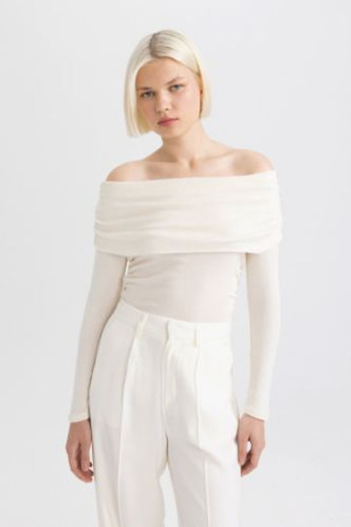Slim Fit Dar Kesim Omuzu Ac?k Ribana Uzun Kollu Tisort
