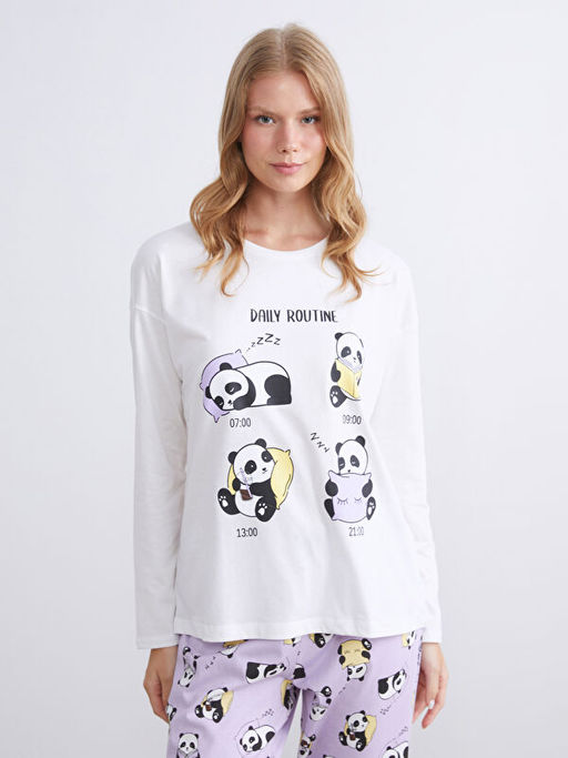 Bisiklet Yaka Bask?l? Kad?n Pijama Tak?m?