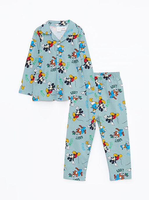Polo Yaka Uzun Kollu Mickey Mouse Bask?l? Erkek Bebek Pijama Tak?m?