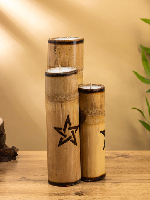Свеча в бамбуке двойная «Звезда», 13×14×30 см, 100 мл, бежевая