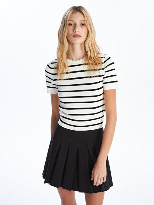 Bisiklet Yaka ?izgili K?sa Kollu Kad?n Triko Kazak - Waikiki фото 2