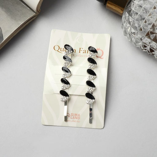 Цена за 2 шт. Невидимки для волос «Аннабелль», набор 2 шт., сердце чёрный, 6.5 см, серебро