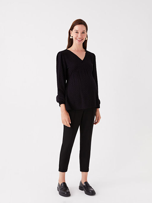 V Yaka Kendinden Desenli Uzun Kollu Vual Hamile Bluz