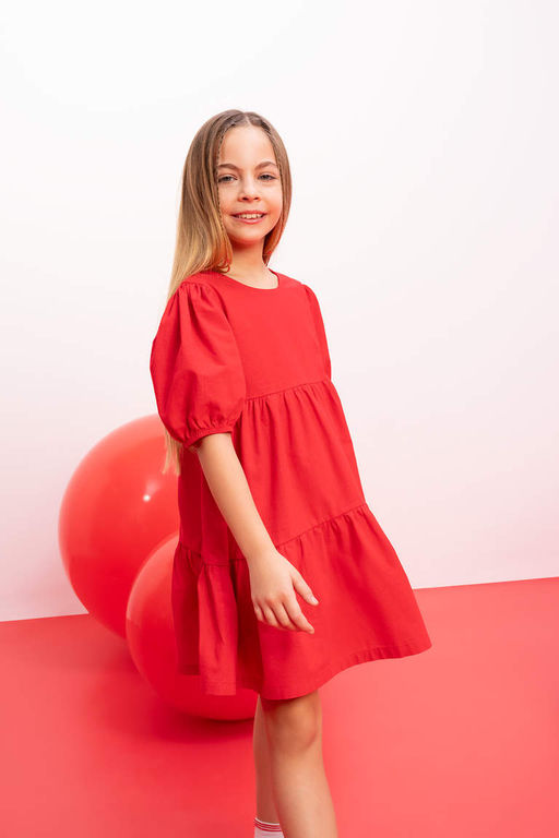 Красное платье с коротким рукавом для девочки - Defacto фото 2