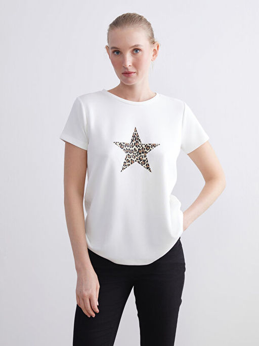 Bisiklet Yaka Y?ld?z Bask?l? Kad?n Ti??rt