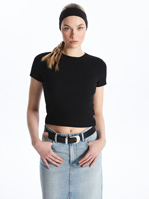 Bisiklet Yaka D?z K?sa Kollu Kad?n Crop - Waikiki фото 2