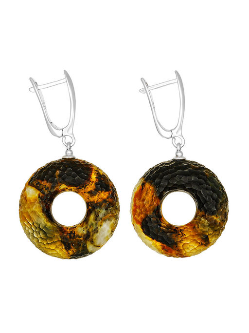 Необычные серьги-донаты Марс с кусаным текстурным янтарём