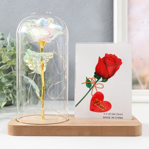 Фоторамка для фото 9×13 см настольная светящаяся «Голография. Роза в колбе», от батареек, 2×LR1130, 9.8×19.5×18 см