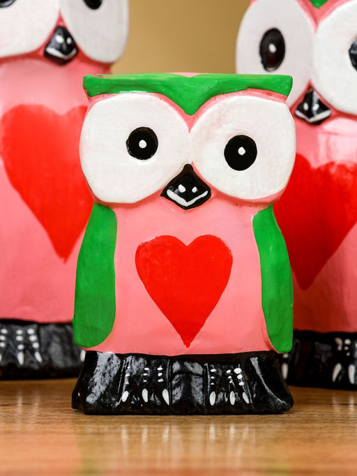 Набор сувенирный Совята с сердечком, h=15 см, h=13 см, h=10 см, дерево, розово-зелёный