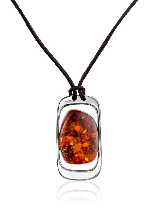 Оригинальное колье из серебра и натурального искрящегося янтаря коньячного цвета